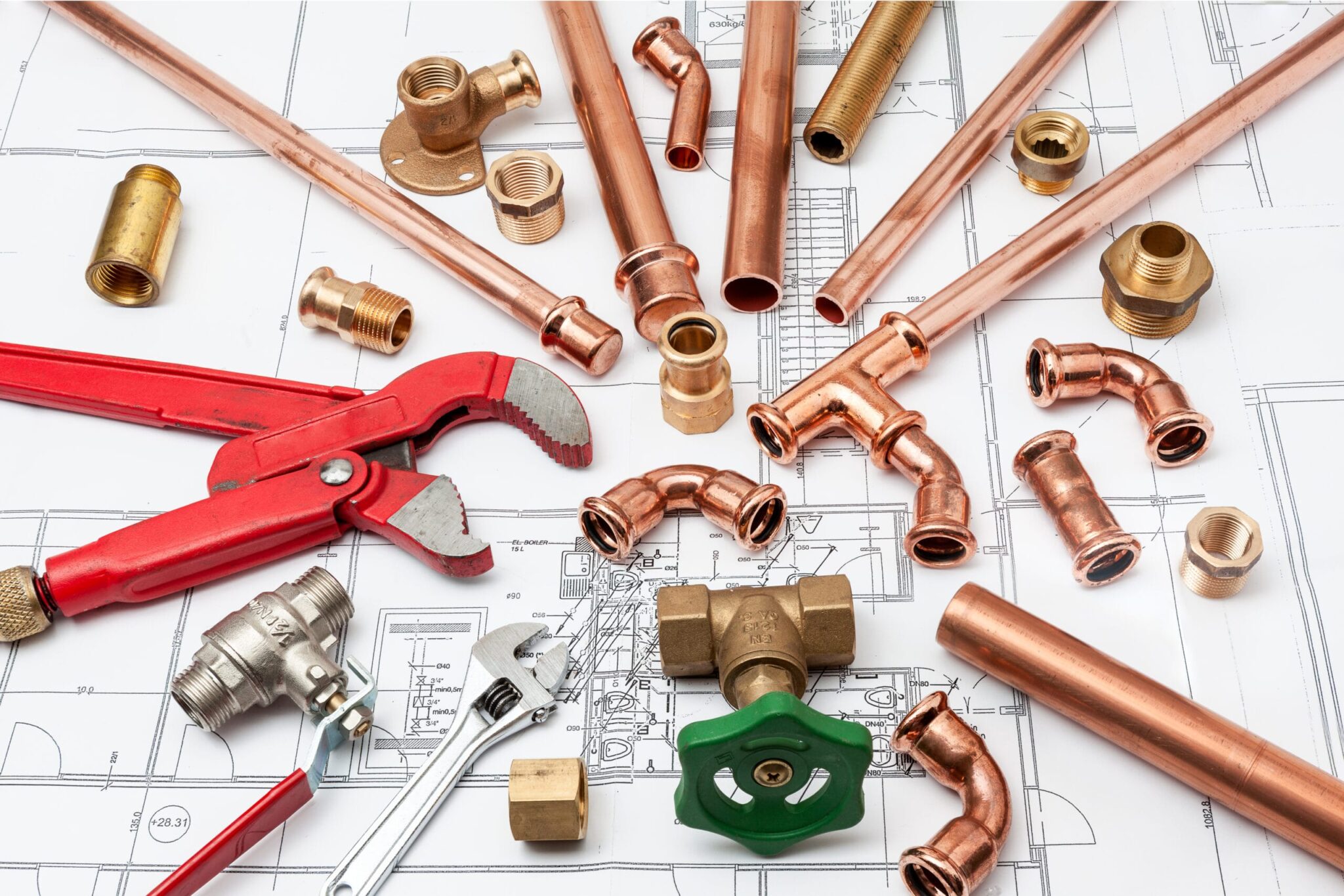 Copper pipes, fittings, valves, and plumbing tools in Panama City Beach