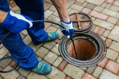 Plumber cleaning an outdoor sewer drain in Panama City Beach