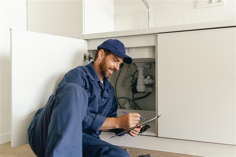 Residential plumber reviewing plumbing repairs in a Panama City Beach kitchen