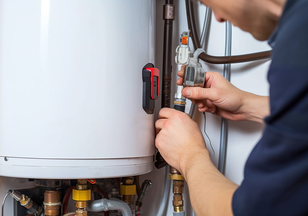 Technician repairing pipes connected to a water heater in Panama City Beach